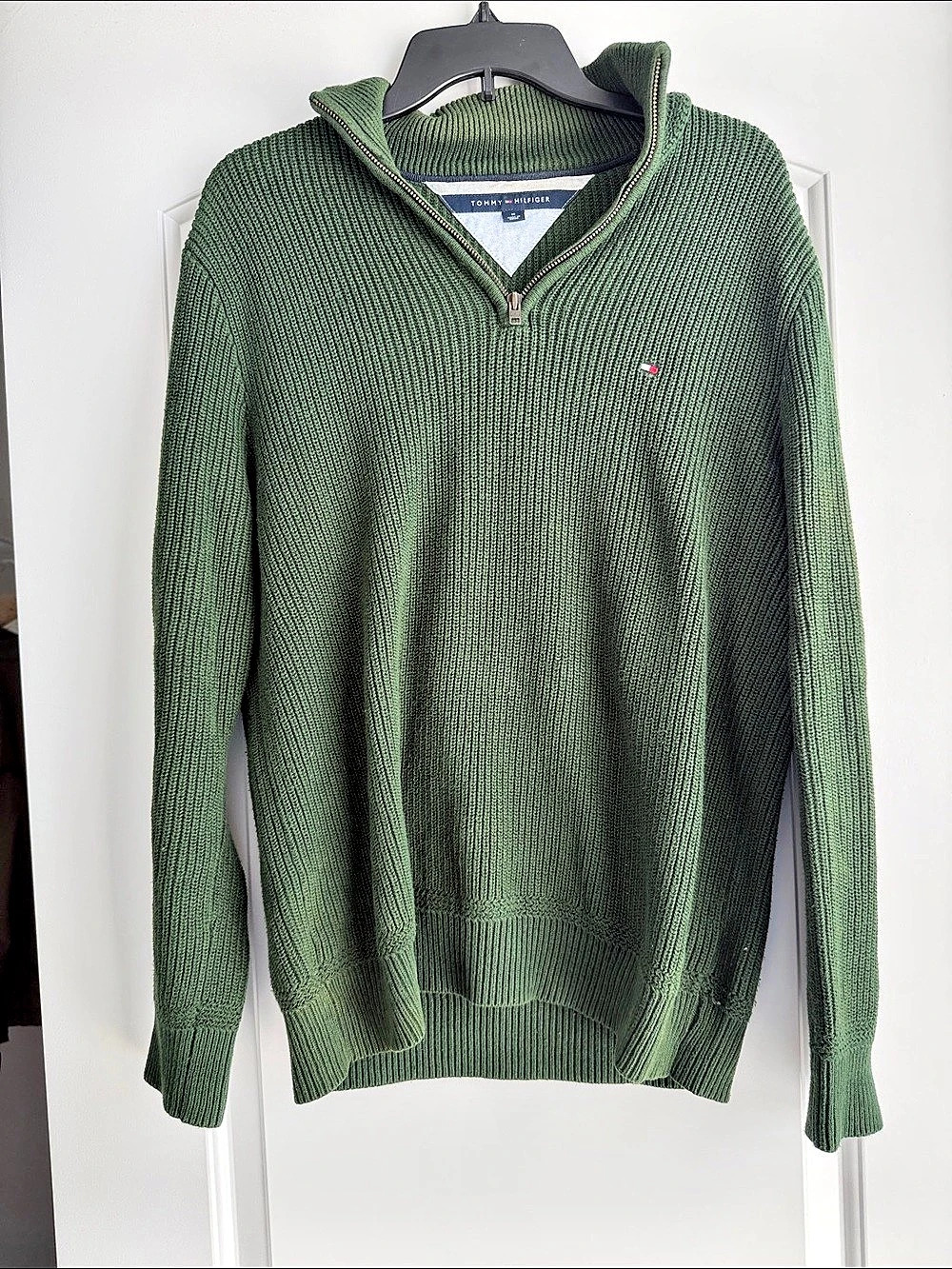 Tommy Hilfiger Men's Ribbed Quarter-Zip Mock Neck Sweater Green Medium